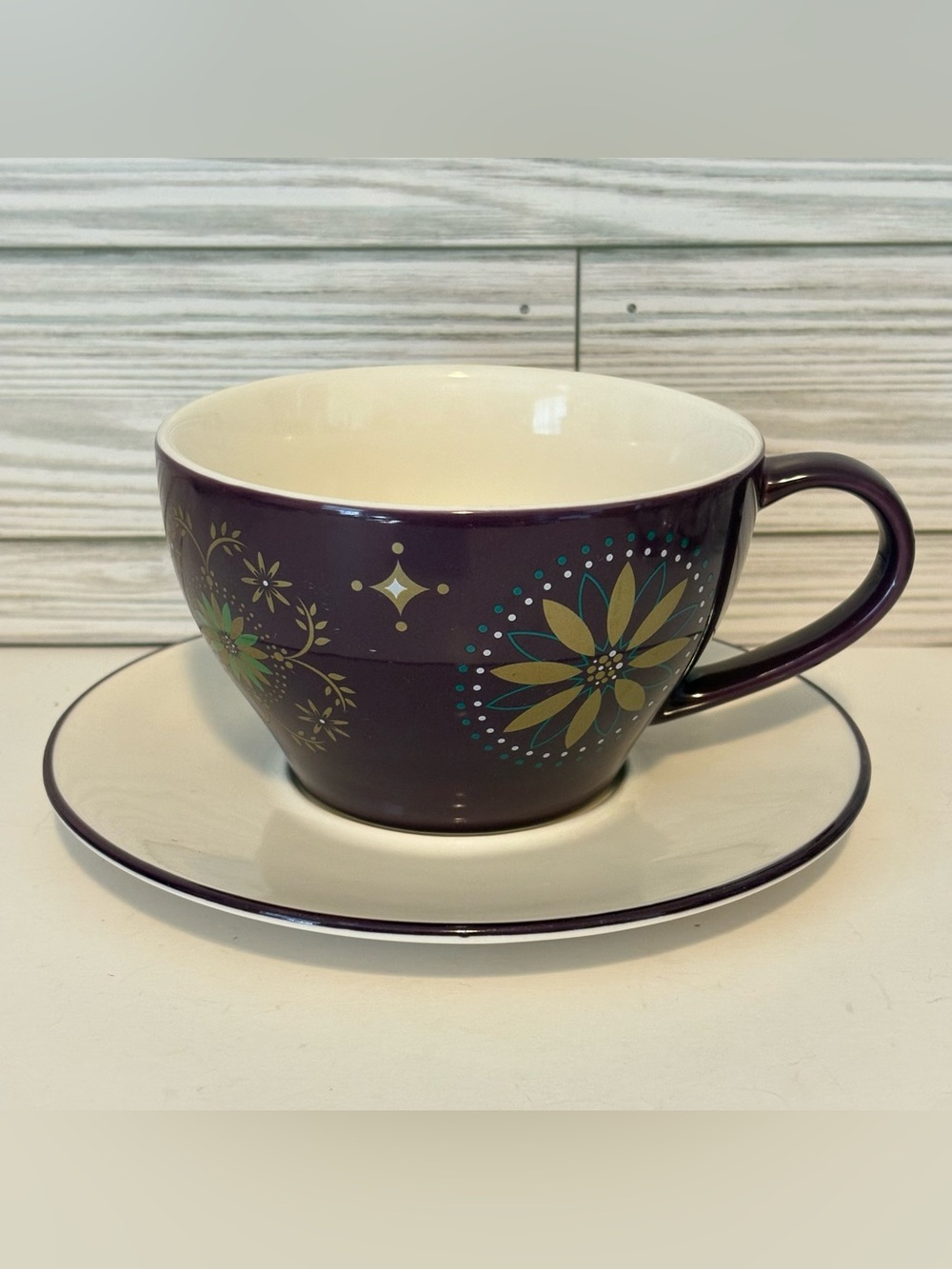 Rare Starbucks 2006 Holiday Collection Purple Gold Star Mug and Saucer Set VTG